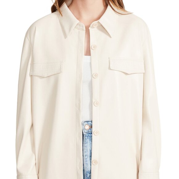 Faux Leather Button-Up Shirt Oatmeal /Cream Small - Picture 2 of 7